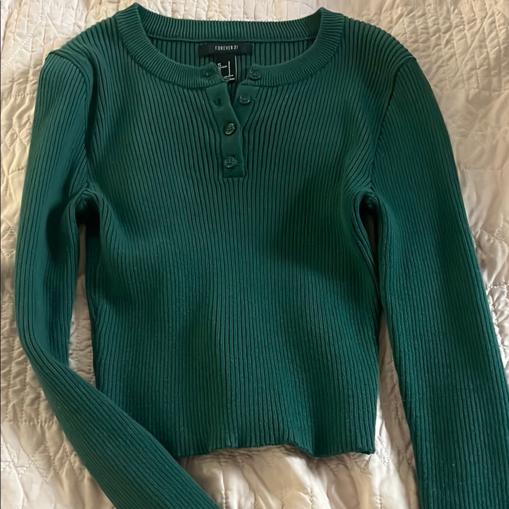 FOREVER 21 Green Ribbed Long Sleeve Top